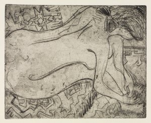 Wannsee ved Potsdam med motorbåt/Naken kvinne under pedikyr av Ernst Ludwig Kirchner