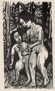 To nakne jenter med blomster i skogen. 1923