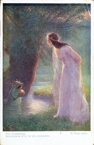 Froskeprinsen gir prinsessen den gyldne ballen han fant i dammen. (Begynnelsen av det 20. århundre)