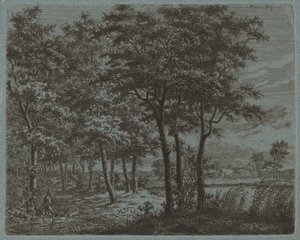 Landskap med en bonde som bærer ved, ca. 1800.