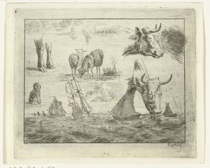 Studieark med sjølandskap, to kuhoder, sauer, en hund og to bein av Ernst Willem Jan Bagelaar
