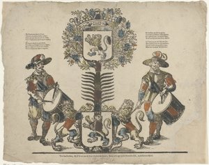 Tre med to våpenskjold, en tambur på hver side av Erven Weduwe Gijsbert de Groot