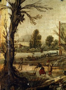 Vinter, detalj (Vinter). Maleri av Esalas van de Velde (1591-1630). Olje på tre, 37,5 x 35,5 cm