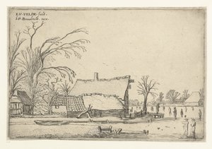 Gård ved frossen elv med skatere Landskapslandskap (serietittel) av Esaias van de Velde