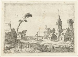 Landsbyutsikt med gårder, kirke og brønn Landskapslandskap (serietittel) av Esaias van de Velde
