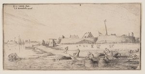 Fiskere i robåter foran en bymur, fra Landskap