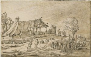 Landevei med saueflokk og ryttere i regnstorm av Esaias van de Velde