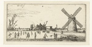 Skatere på isen ved en mølle i nærheten av Penningsveer Landskap (serietittel) av Esaias van de Velde