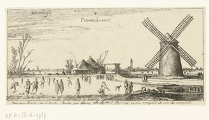 Skatere på isen ved en mølle i nærheten av Penningsveer Landskap (serietittel) av Esaias van de Velde