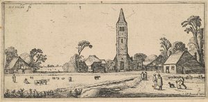 Landskap med eng og landsbykirke av Esaias van de Velde I