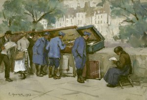 Franske soldater og bouquinistes langs Seinen, 1917 (wc på lysegråt papir) av Ethel Hunter