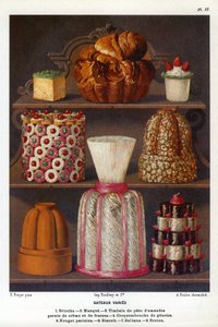 Kaker varierer: brioche, mangel, pauker av mandelmasse toppet med krem og jordbær, croquenbouche de genoise, parisisk nougat, kjeks, sultan, bretonsk - tallerken nr. 2 fra konditoriboken av Jules Gouffe, officer de bouche du Jockey-Club de Paris (kap av Etienne (after) Ronjat
