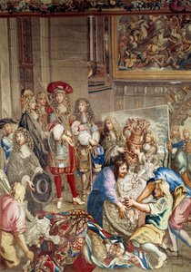 Besøk av Ludvig XIV til Manufacture des Gobelins i nærvær av Jean Baptiste (Jean-Baptiste) Colbert (1619-1683) (i profil, til høyre for kongen) og maleren Charles Lebrun (Le Brun) (1619-1690) ), 15. oktober av Etienne (studio of) Le Blond