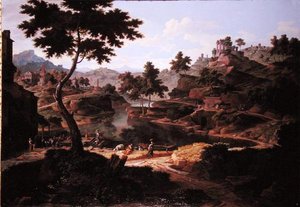 Klassisk landskap med figurer og ruiner (olje på lerret)