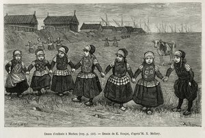 Barnedanser i Marken (Nederland), gravering etter en tegning av E. Ronjat, for å illustrere historien om Neerlande, av Charles de Coster, i 1878, utgitt i tour du monde, under ledelse av Edouard Charton av Etienne Antoine Eugene Ronjat