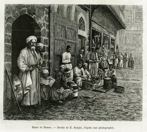 Damaskus basar. Gravering av E.Ronjat, for å illustrere historien La Syria d
