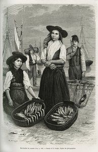 Fiskehandlere, iført den tradisjonelle kvinnedrakten: kort skjørt og plissert, bodice med sølvknapper, dekket med en bred svart filthatt. Gravering av E.Ronjat, for å illustrere historien en uke i Lisboa, av Jules Leclercq, publisert i Tour du av Etienne Antoine Eugene Ronjat
