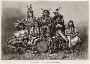 Indiske krigere og deres koner (Texas). Gravering etter tegningen av E.Ronjat, for å illustrere historien La conquete blanche, av William Hepworth Dixon, i 1875, publisert i "" Le tour du monde""" 1876, redigert av Edouard Charton, av Etienne Antoine Eugene Ronjat