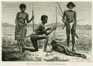 Negritos fra Yriga-fjellet. Gravering av E.Ronjat for å illustrere historien Lucon og Palaouan, seks år på Filippinene, av Alfred Marche (1844-1898), i le tour du monde 1886, regissert av Edouard Charton (1807-1890), Hachette, Paris. av Etienne Antoine Eugene Ronjat