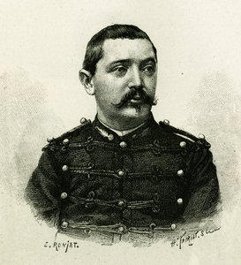 Portrett av kaptein Pietri, av marineartilleriet, under ekspedisjonen til Afrika 1879-1882, under kommando av Gallieni. Gravering av E. Ronjat, fra et fotografi, for å illustrere historien "Exploration du Haut Niger (Haut Niger)" (dagens Mali) av av Etienne Antoine Eugene Ronjat