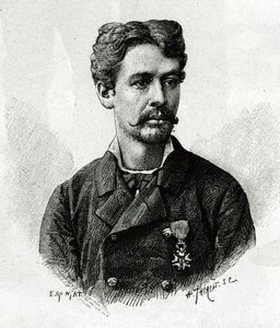 Portrett av doktor Tautain, under ekspedisjonen til Afrika 1879-1882, under kommando av Gallieni. Gravering av E. Ronjat, fra et fotografi, for å illustrere historien "Exploration du Haut Niger (Haut Niger)" (dagens Mali) av kommandør Joseph Gallien av Etienne Antoine Eugene Ronjat
