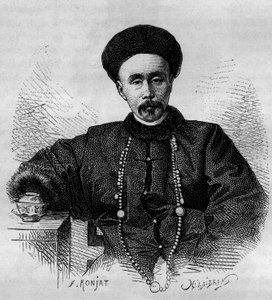 Portrett av Li Hongzhang (1832-1901), kinesisk general og visekonge (visekonge) av Zhili fra 1871 til 1895 og fra 1900 til 1901. Gravering fra en tegning av Ronjat, fra et fotografi av Thomson, i "" Le Tour du Monde, Nouveau journal des Voyages””, redigert av Etienne Antoine Eugene Ronjat