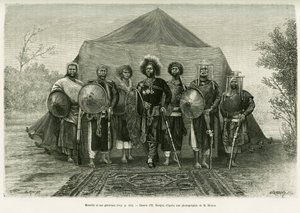 Portrett av prins Menelik II av Etiopia (1844-1913), omgitt av hans generaler. Gravering av Ronjat, etter et fotografi, for å illustrere historien Voyage au Choa (Abyssinie meridionale)