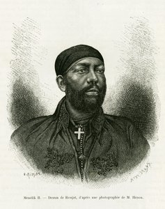 Portrett av prins Menelik II av Etiopia (1844-1913). Gravering av Ronjat, etter et fotografi, for å illustrere historien Voyage au Choa (Abyssinie meridionale)