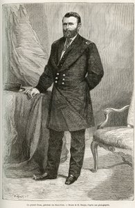 Portrett av Ulysses Grant (1822-1885), amerikansk general, leder for unionstropper under løsrivelseskrigen og 18. president i USA (USA) i to perioder fra 1869 til 1877. Gravering etter tegning av E.Ronjat, til illustrere sto av Etienne Antoine Eugene Ronjat
