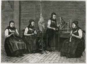Sondernach spredere, beskrivelse av de ulike stadiene av spinning, hånd, spindel og spindel. Gravering av E.Ronjat, for å illustrere historien "Atravers l