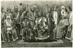Kashmir maharajah, Rambhir Sing og hoffet hans. Gravering av E. Ronjat, for å illustrere historien "Portrett av en parisisk kvinne i det vestlige Himalaya", i 1881, av Marie de Ujfalvy-Bourdon (Ujfalvy Bourdon). Publisert i Tour du monde, 2. semester av Etienne Antoine Eugene Ronjat