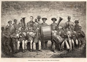 Bandet til barna i Gabon-oppdraget. Gravering etter tegningen av E.Ronjat, for å illustrere cruiset på kysten av Afrika, av viseadmiral Fleuriot de Langle, i 1868, publisert i "" Le tour du monde"" 1876, redigert av Edouard Charton, Hachet av Etienne Antoine Eugene Ronjat