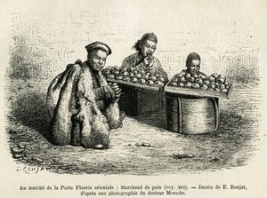 Brødhandleren, ved foten av den orientalske blomsterporten til det keiserlige palasset i Pekin, en aktuell scene i hverdagen. Gravering etter tegningen av E.Ronjat, for å illustrere reisen til Pekin og Nord-Kina, av T.Choutze, i 1873, publisert i av Etienne Antoine Eugene Ronjat