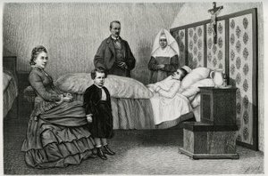Legekonsultasjonen på Logelbach hospits. Gravering av E.Ronjat, for å illustrere historien "Gjennom Alsace og Lorraine", i 1884, av Charles Grad (1842-1890), tysk deputert, forfatter og naturforsker. Publisert i Le Tour du monde, nouveau journal d av Etienne Antoine Eugene Ronjat
