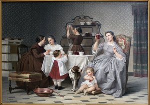 Syltetøyet, sier også Le gouter de famille. Maleri av Eugene Ronjat (1822-1912), olje på lerret, ca 1860. Fransk kunst fra 1800-tallet. Wiener kunstmuseum (Isere).