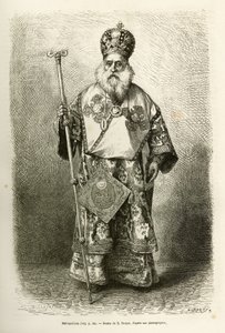 Metropolitan eveque av den nye katedralen i Athen. Gravering etter tegningen av E.Ronjat, for å illustrere reisen til Hellas, av Henri Belle, i 1861-1868-1874, publisert i "" Le tour du monde""" 1876, redigert av Edouard Charton, Hachette-utgaven, av Etienne Antoine Eugene Ronjat