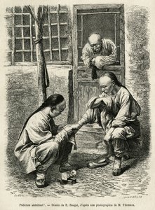 Vandrende pedikyr, en vanlig scene i hverdagen i kinesiske byer. Gravering etter tegningen av E. Ronjat, for å illustrere reisen til Pekin og Nord-Kina, av T.Choutze, i 1873, publisert i "" Le tour du monde""" 1876, redigert av Edo av Etienne Antoine Eugene Ronjat