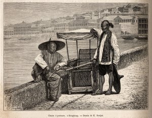 To bærere i ro ved siden av rullestolen i Hong Kong, gravert etter en tegning av E. Ronjat som illustrerer reisen til Kina, av J. Thompson, i 1870-1872, publisert i "" Le tour du monde""" 1875, redigert av Edouard Charton, Hachette-utgaven, Paris. S av Etienne Antoine Eugene Ronjat