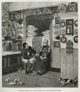 Un interieur à Marken (Pays Bas), gravering etter en tegning av E. Ronjat, for å illustrere historien om Neerlande, av Charles de Coster, i 1878, utgitt i tour du monde, under ledelse av Edouard Charton av Etienne Antoine Eugene Ronjat