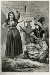 Kvinner som bærer kanner, nær Hirams brønn i Tyrus. Gravering av E.Ronjat, for å illustrere historien La Syria d