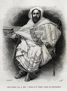 portrett av Abd El Kader (1808-1883) algerisk emir og sultan, sufiteolog, politiker og militær motstand mot den franske kolonihæren, også forfatter, poet og filosof. Gravering av E.Ronjat, for å illustrere historien La Syria d