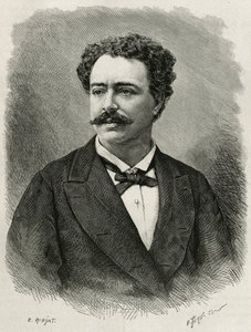 portrett av forfatteren og reisende Edmondo de Amicis (1846-1908), italiensk forfatter, gravering av E.Ronjat, for å illustrere historien om Marokko av Edmondo de Amicis, i 1875, utgitt i tour du monde, under ledelse av Edouard Charton av Etienne Antoine Eugene Ronjat