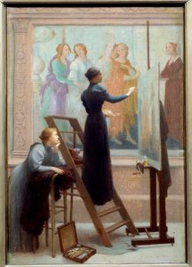 Au Louvre (to kvinner som kopierer fresken av Botticelli) Maleri av Etienne Azambre (1859-1933) 1894 Søn. 0,61x0,41 m OBS! Bruk av dette verket kan være underlagt en tredjeparts autorisasjonsforespørsel eller tilleggsgebyrer av Etienne Azambre