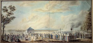 Fransk revolusjon: ""Militærleir ved School of Mars for fremtidens ledere av den republikanske hæren"" Akvarell av Etienne Bericourt (1700-tallet) 1794 Paris, B.N. av Etienne Bericourt