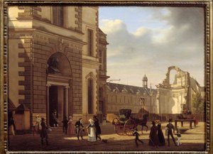Inngang til Louvre-museet og ruinene av Saint Louis du Louvre. Utsikt over Paris. Maleri av Etienne Bouhot (1780-1862)