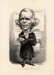 feuille volante - Illustrasjon av Etienne Carjat (1826-1906): Medisinsk, medisin, sante, Charite, Anatomy, Poster Display - Surgeon, Velpeau Alfred (1795-1867) av Etienne Carjat