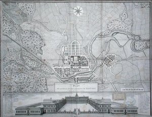 Kart over byen Rastadt, dens omgivelser og Schloss (gravering) av Etienne Claude Voysard