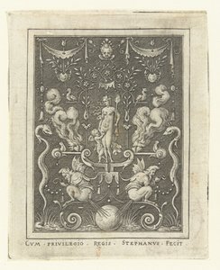 Venus med Amor mellom fire brennende hjerter Overflatedekorasjoner med gudefigurer i en ramme av grotesker (senere versjon) (serietittel) av Etienne Delaune