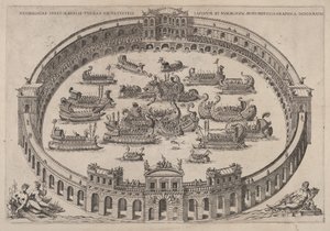 Marineengasjement satt i en romersk arena, med elven Tiber og nymfer nederst til venstre..., 1577-85.
