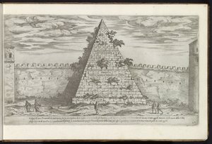 Pyramiden av Cestius i Roma Bouwwerken uit de oudheid (serietittel) Restene av det gamle Roma samlet og fotografert i perspektiv av Stefano Du Perac Parisino (serietittel på objekt) av Etienne Duperac